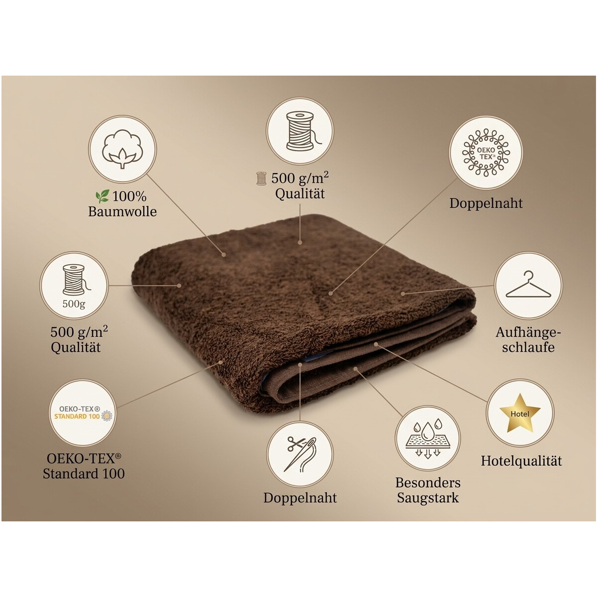 Premium Duschtuch 70x140 cm braun &ndash; 100% Baumwolle 500 g/m&sup2;  saugstark &amp; weich