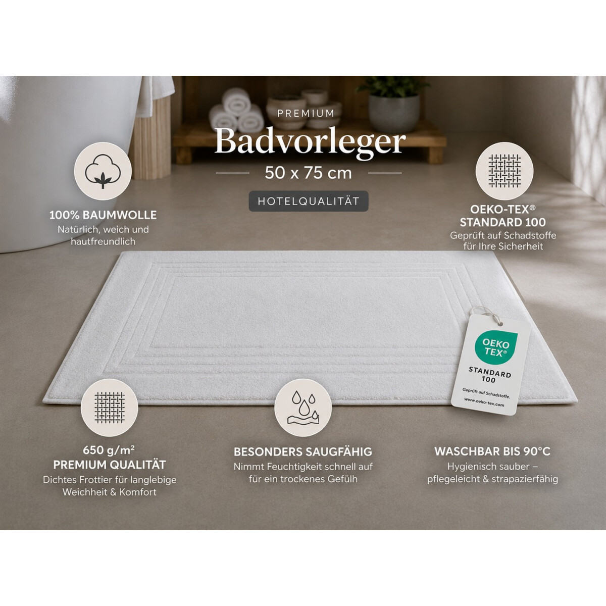 Badvorleger Badematte 50x75 cm Wei&szlig; 100% Baumwolle 650 g/m&sup2; Hotelqualit&auml;t Duschvorleger