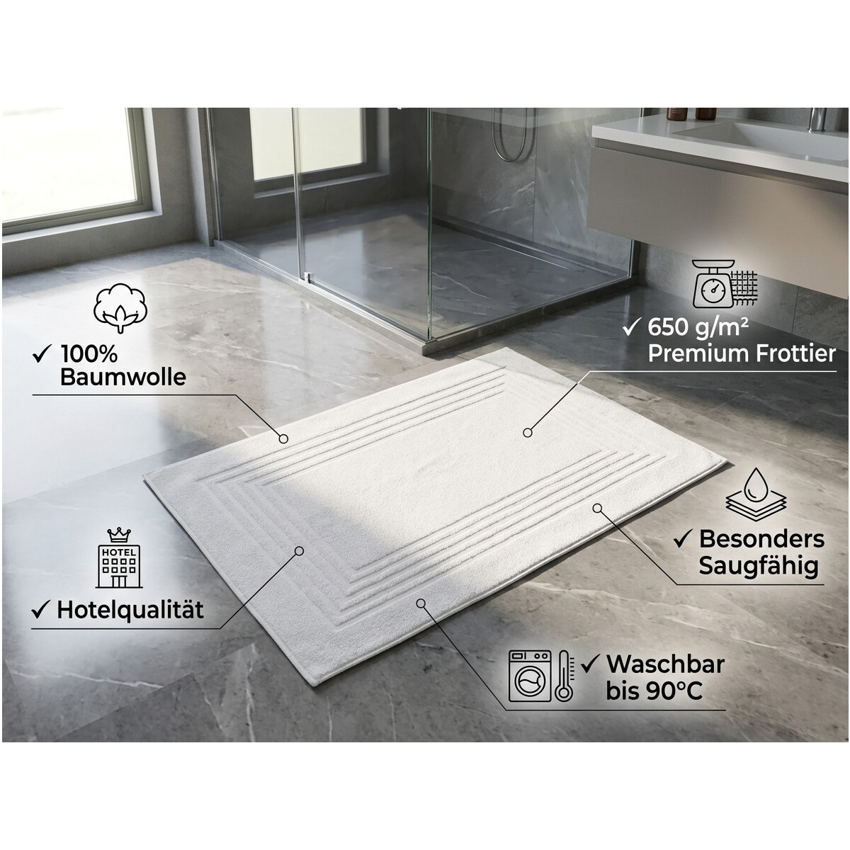 Badvorleger Badematte 50x75 cm Wei&szlig; 100% Baumwolle 650 g/m&sup2; Hotelqualit&auml;t Duschvorleger
