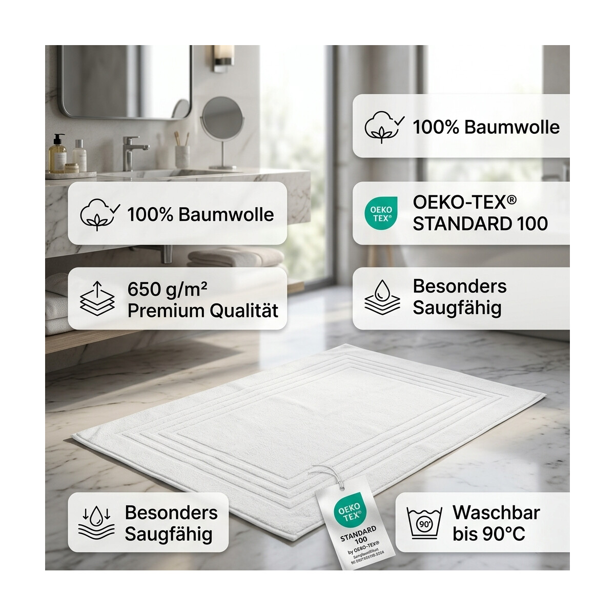 Badvorleger Badematte 50x75 cm Wei&szlig; 100% Baumwolle 650 g/m&sup2; Hotelqualit&auml;t Duschvorleger