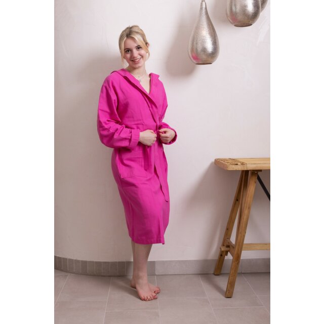 Hamam Bademantel für Damen pink M, mit Kapuze