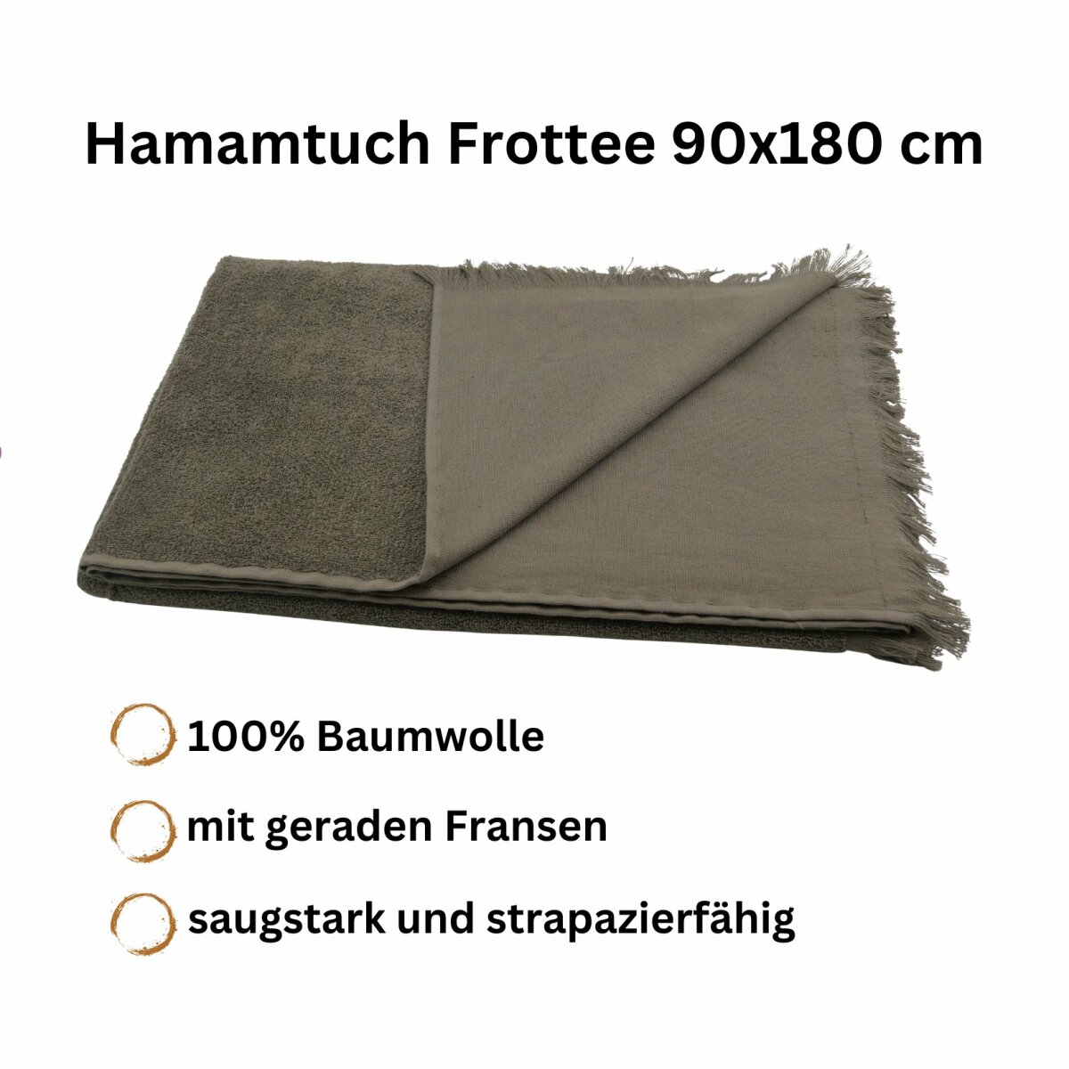 Hamamtuch Frottee braun mit geraden Fransen 90x180 cm