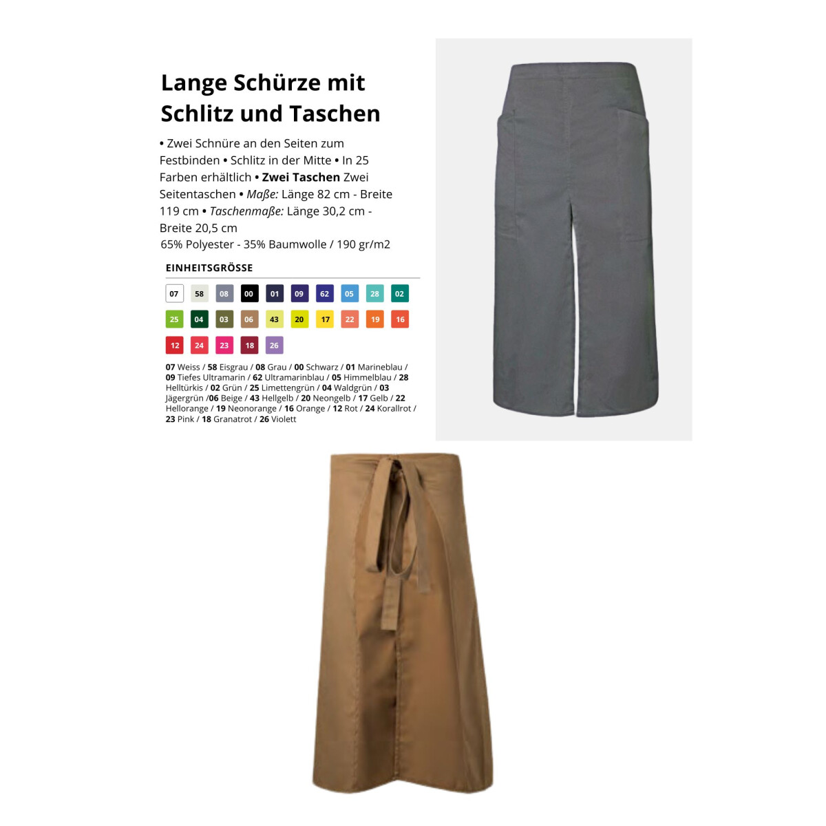 Lange Sch&uuml;rze mit Schlitz u. Taschen 190 g/m&sup2; ⚥
