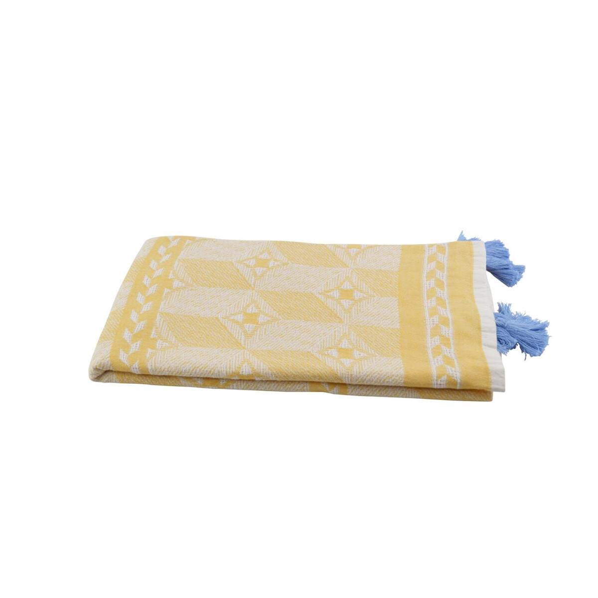 Strandtuch gelb blau mit Quasten und Allover-Muster