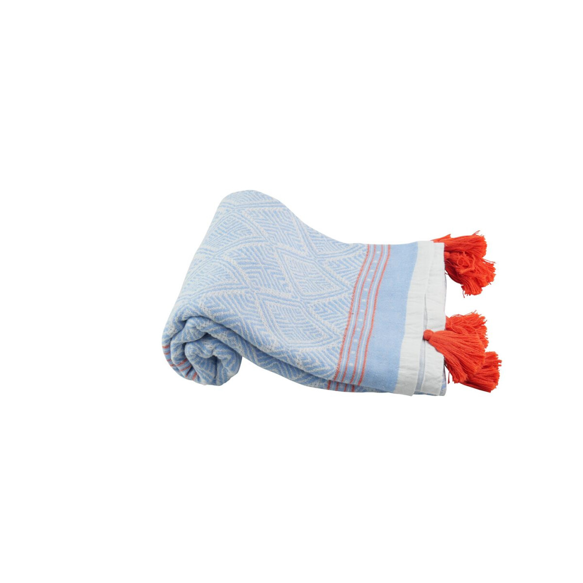 Strandtuch hellblau rot mit Quasten und Allover-Muster