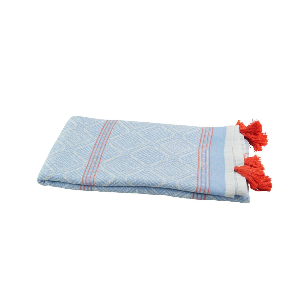 Strandtuch hellblau rot mit Quasten und Allover-Muster