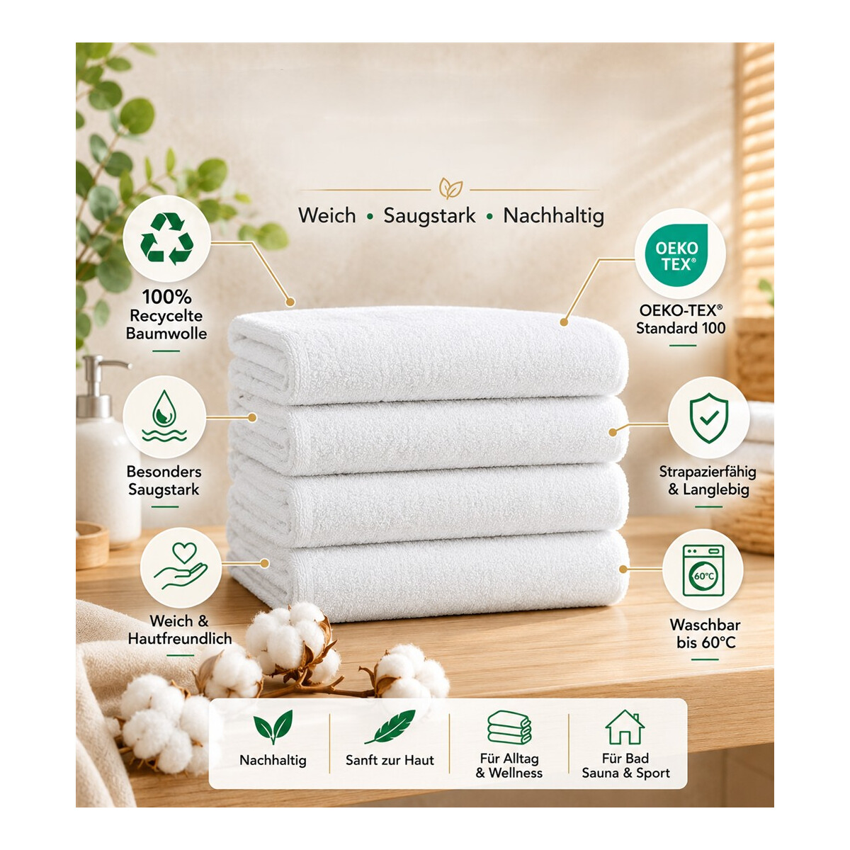 Duschtuch 70x 40 cm Wei&szlig; 100 % recycelte Baumwolle weich und saugstark