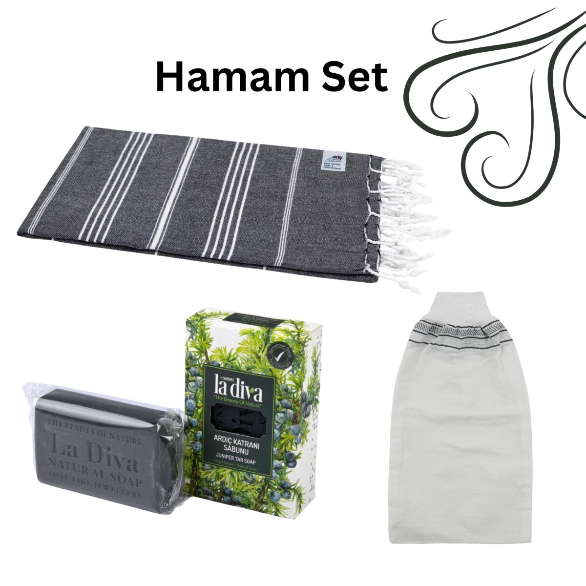 Hamam Set Hamamtuch Seife Peelinghandschuh "Compact" schwarz
