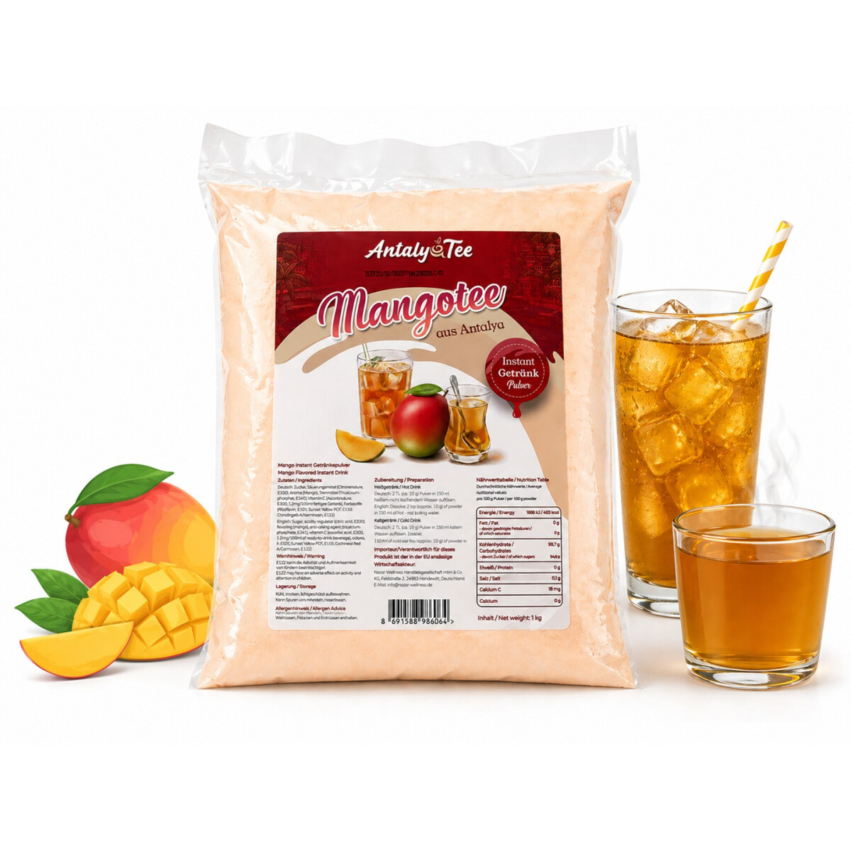 T&uuml;rkischer Mangotee Instant Getr&auml;nkepulver 1 kg &ndash; f&uuml;r Hei&szlig;- und Kaltgetr&auml;nke - aus Antalya