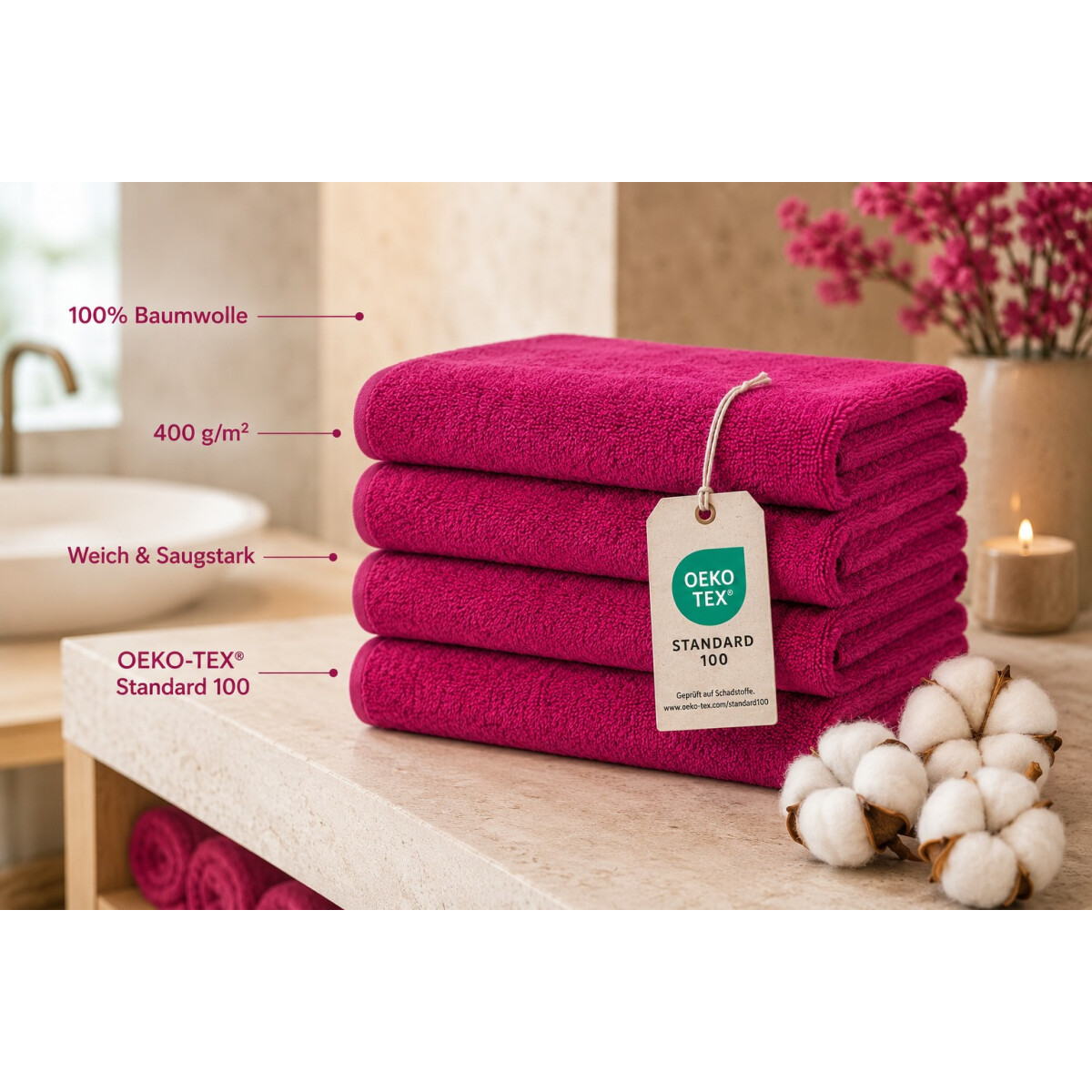 Duschtuch 70 x 140 cm Magenta 100 % Baumwolle 400 gm&sup2; weich und saugstark